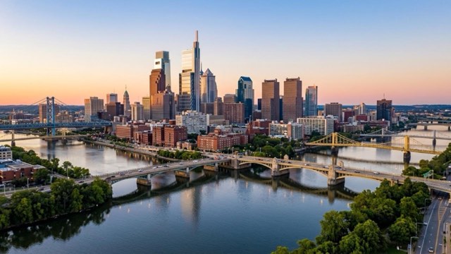 Pennsylvania river city skyline at dusk