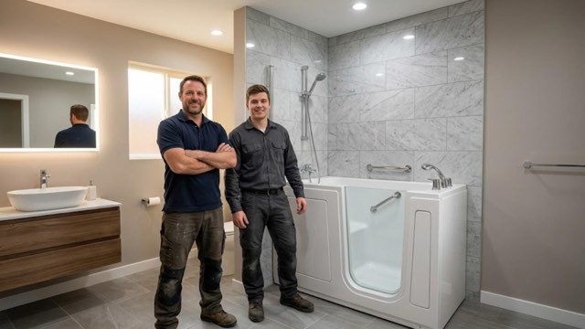 Walk-In Tub Contractor Pittston PA installer with a customer in their bathroom